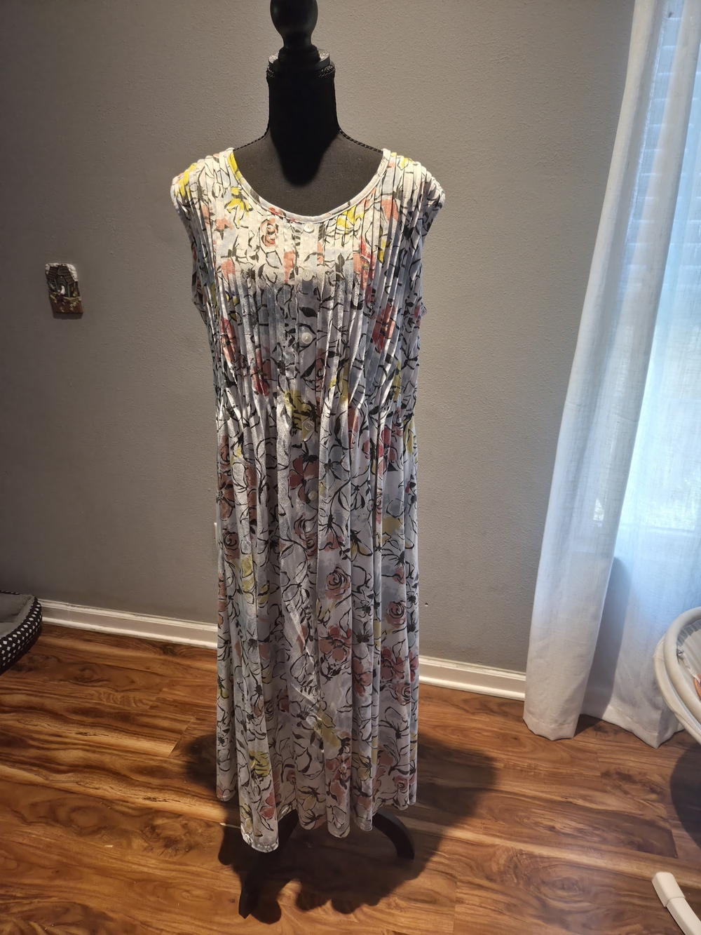 Woman Within Sleeveless Floral Pleated Maxi Dress - White with Pink & Yellow